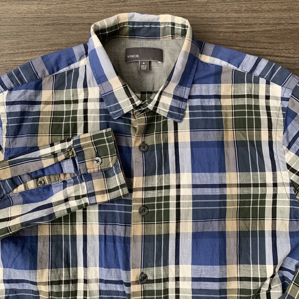 Vince Mens Button Up Collared Classic Plaid Shirt Blue White Black Medium